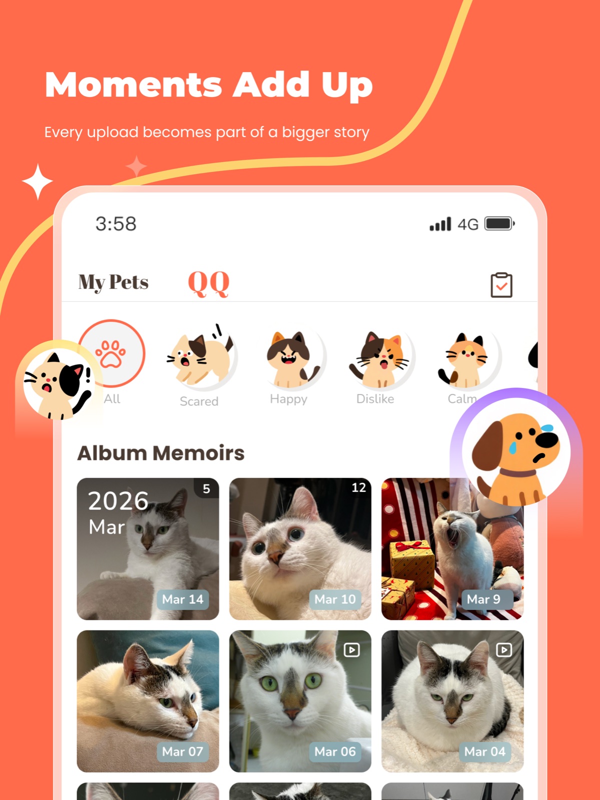 Pemi family album showing pet photos organized into shared memories