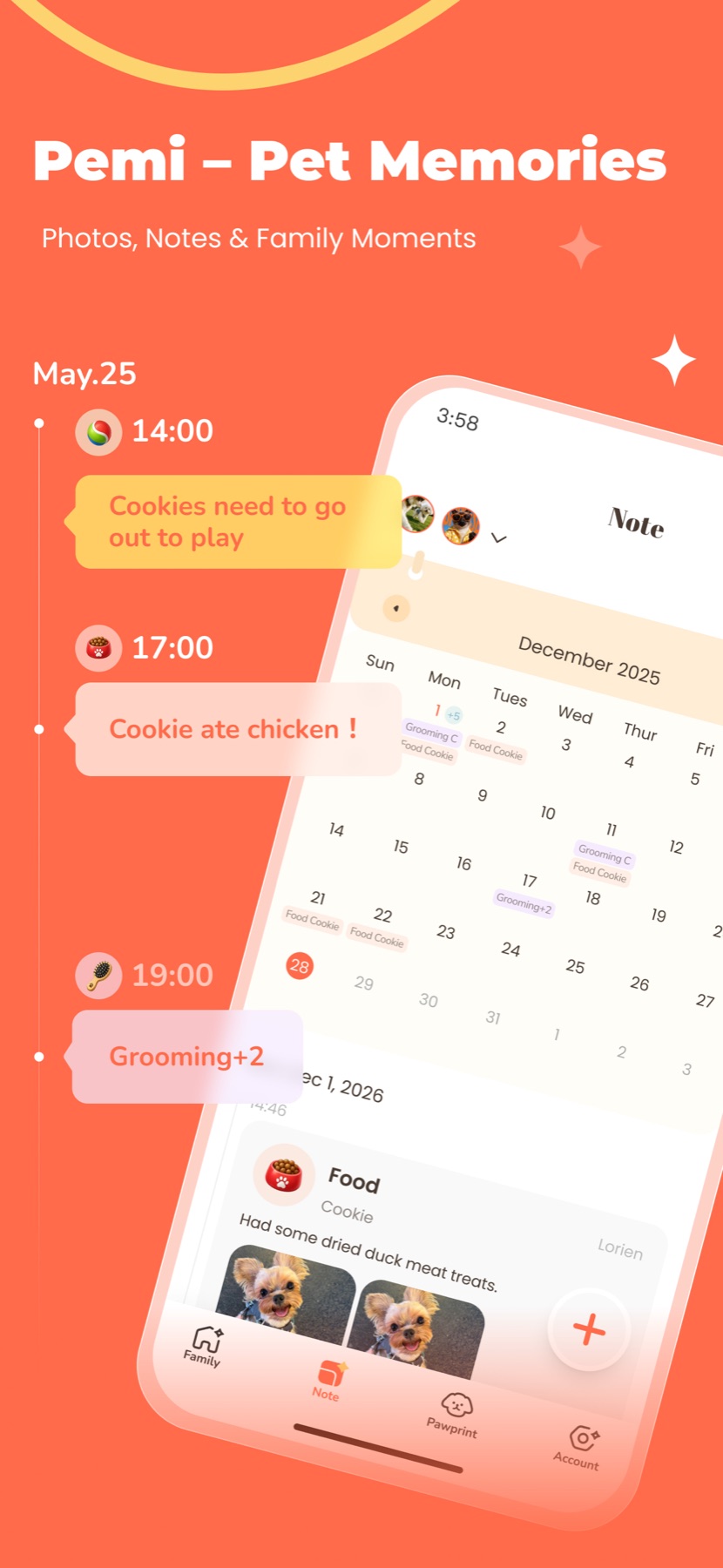 Pemi Pet Notes showing a care timeline, calendar, reminders, and a food entry